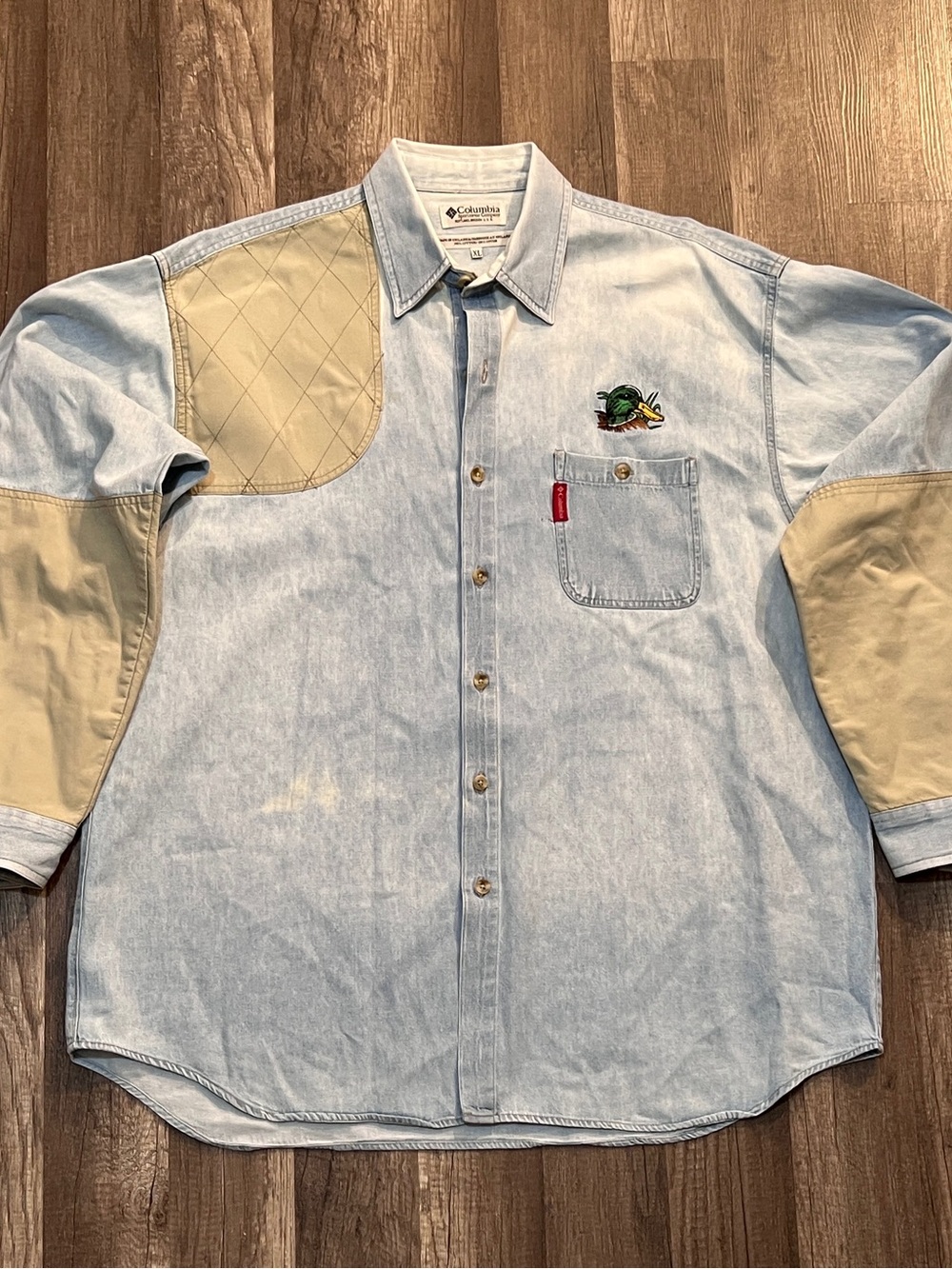 Vintage 90s Columbia Sportswear Denim Hunting Shooting Shirt Duck Canvas Patches
